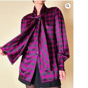 Luisa Spagnoli Houndstooth Patterned 100% Silk Blouse With Large Bow Sz S